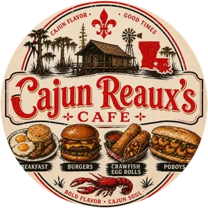 Cajun Reaux’s Cafe badge: a bayou cabin on stilts, cypress trees and a windmill over the name
